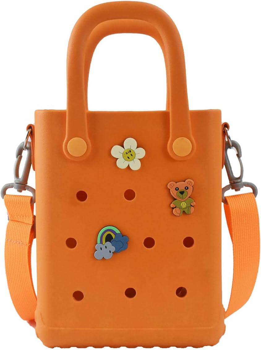 Juyeesm Mini Rubber Beach Bag with Strap & Charms, Waterproof EVA Beach Bag for Girls, Small Rubber Tote Bag for Women
