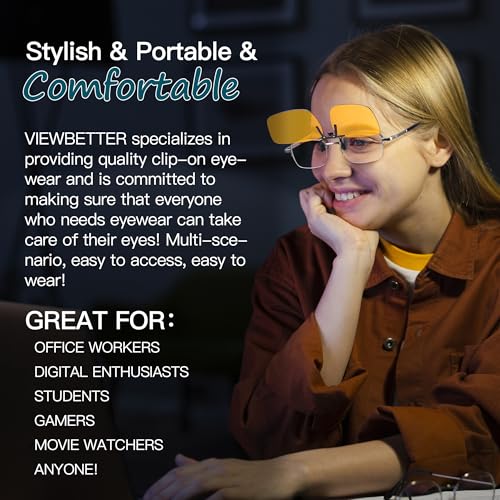 Image of VIEWBETTER Clip On Blue Light Blocking Glasses Over Prescription Glasses Reduce Eyestrain Metal Rimless Clips (Flip Up) V309
