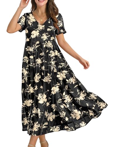Image of YESNO Women's Summer Maxi Dresses Casual Floral Short Sleeve V Neck Boho Beach Vacation Swing Dress with Pockets EVF