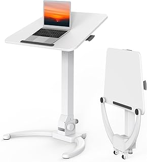 JOY worker Foldable Mobile Standing Desk, Pneumatic Height Adjustable Sit Stand Desk, 90° Tiltable Rolling Laptop Desk, Portable Desk with Wheels Non-Slip Mat for Home Office, Holds Up to 22lbs, White