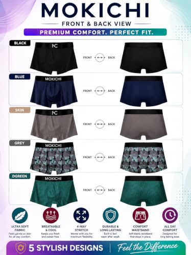 Image of Men's Boxer Briefs for Men, Stretchable Trunks Underwear, Soft Comfortable Fit, Breathable Mid-Rise Boxer Shorts, Assorted Solid & Printed Designs, Pack of 5
