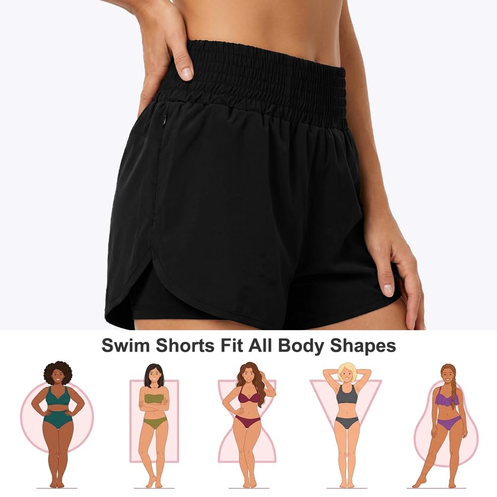 Aolso Shorts de Natación Mujer, Bikini Verano Short Pantalones Cortos, Shorts de Playa Secado Rapido con Bolsillos y Control de Abdomen para Playa Surf Vacaciones Deportes Acuáticos y Exterior-M/L