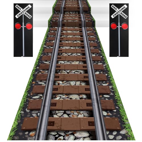 Image of Teenyyou 3 Pcs Train Railroad Party Decorations Aisle Train Track Runner Backdrop Traffic Crossing Sign Boxes for Floor Birthday Party School Home Express Decor(Classic)
