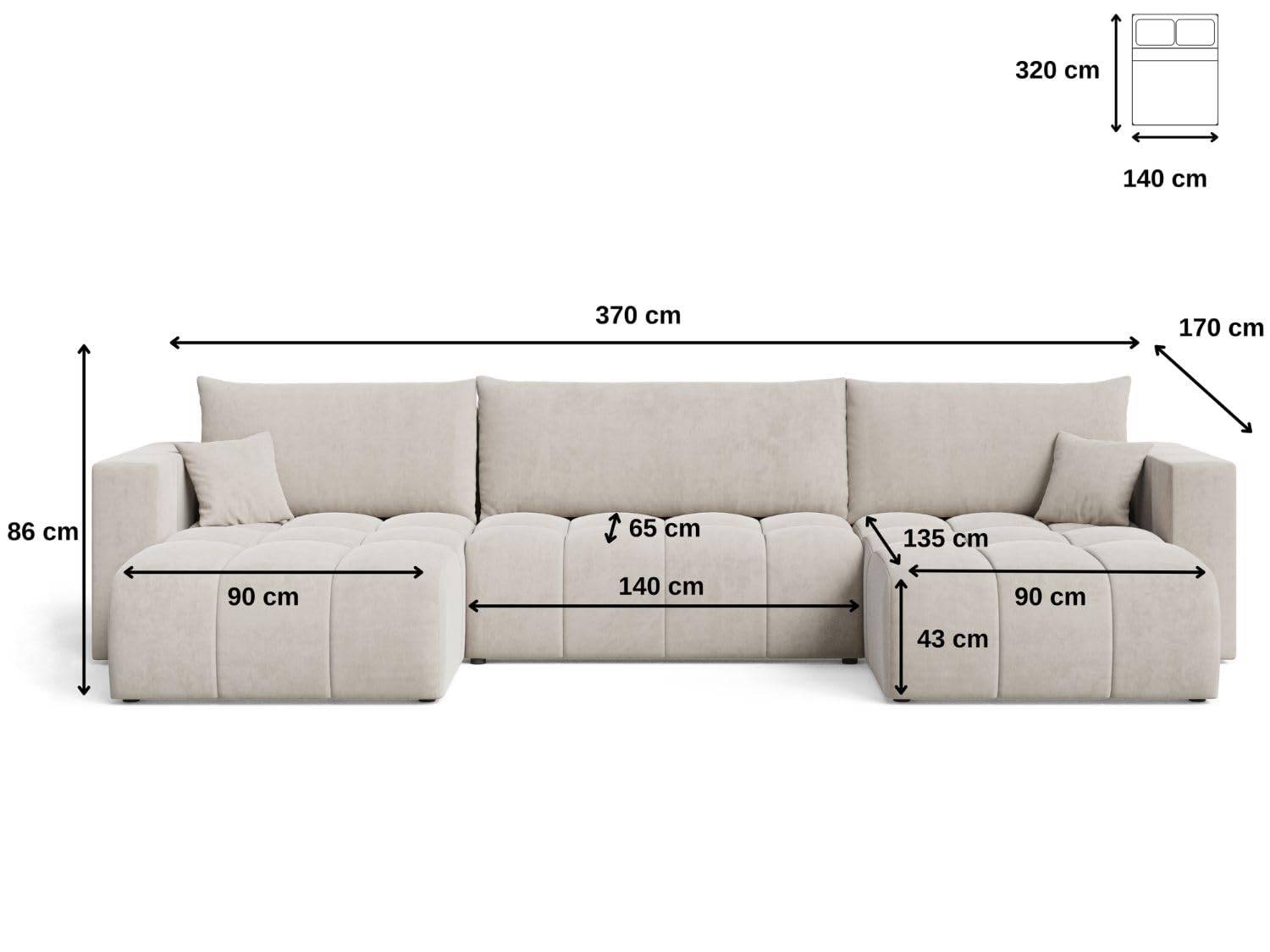 GRAINGOLD Neva U Ecksofa mit Schlaffunktion & Bettkasten 370x170 cm, U-Form Sofa mit Stauraum, Schlafcouch für Wohnzimmer, Bouclé-Stoff, 5-Sitzer Wohnlandschaft, Modernes Design (Dunkelgrau)