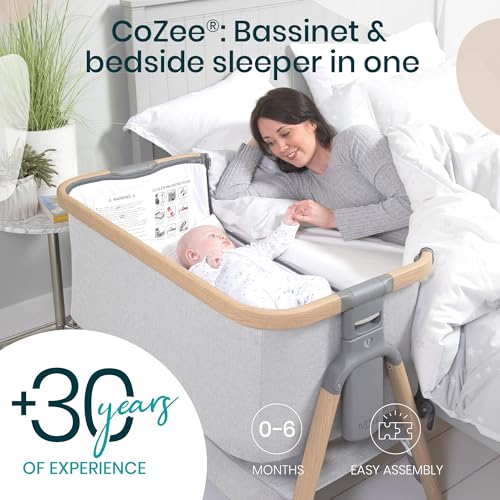 Image of Tutti Bambini CoZee 2-in-1 Baby Bassinet & Bedside Sleeper - Fast-Folding Bedside Bassinet, Baby Crib with 6 Mattress Heights & Breathable Mesh Window, Mattress Included, 0-6 Months (Silver & Oak)