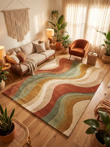 Image of Hand Tufted Premium Wool Abstract Wavy Pattern Carpet for Living Room, Bedroom, Office & Home Decor Size 12x18 Feet
