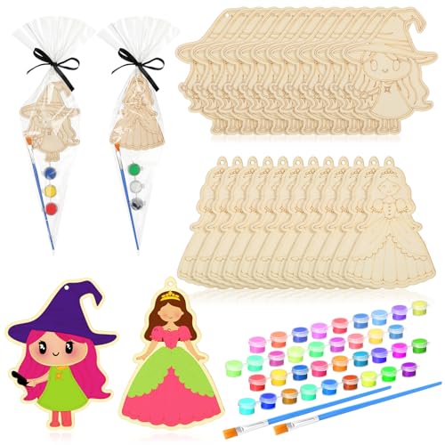 Image of VioraWhite 24 Set Paint Your Own Witch Princess Party Favors Pink and Green Party Supplies Witch Hats Princess Crowns DIY Wood Painting Craft Kit Color Your Own Arts Crafts Kit for Birthday Gift