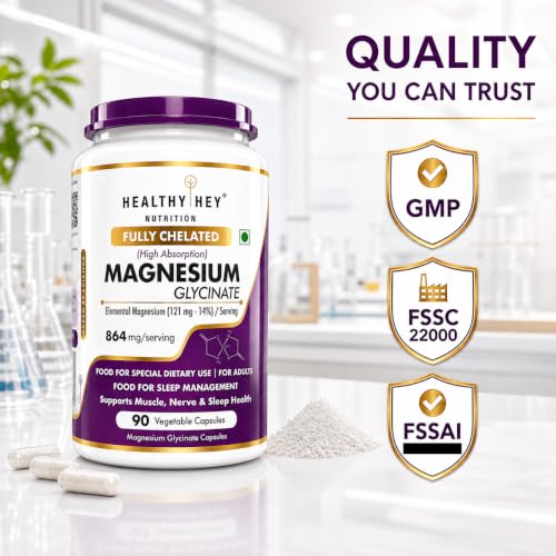 Image of HealthyHey Nutrition Magnesium Glycinate 14% Fully Chelated Supplement High Absorption for Sleep, Cramps, & Nerves Health - 90 Vegetable Capsules