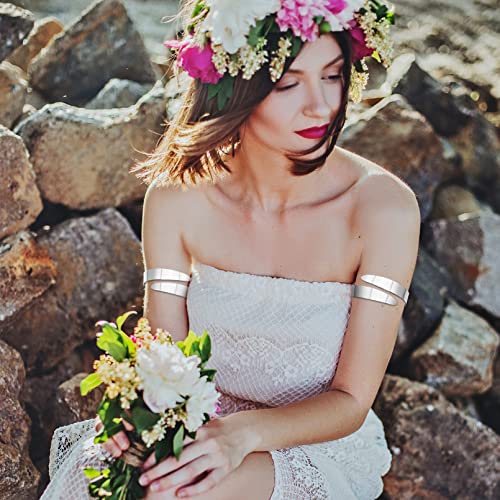 RechicGu 2 Pieces Greek Upper Arm Bracelet Cuff Band Metal Adjustable Gypsy Bohemian Armband Bangle Jewelry Set Armlet Belly Dancer Costume Wedding Silver4