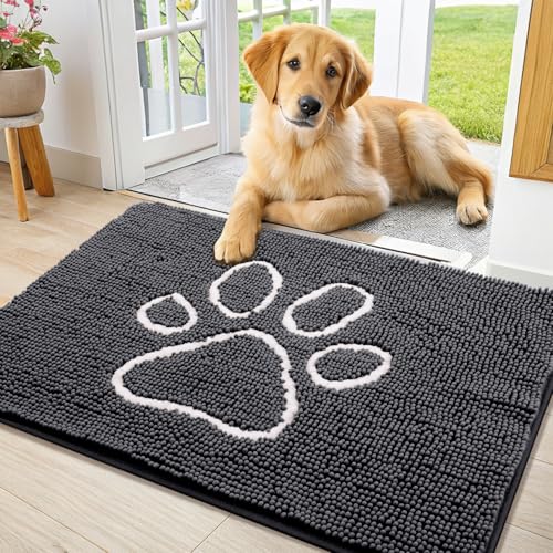 Image of Smiry Dog Door Mat for Muddy Paws, Absorbent Dirt Trapper Non Slip Quick Dry Washable Chenille Mat for Mud Dogs, Entry Rug for Indoor and Outdoor (36x24 Inches, Dark Grey and White)