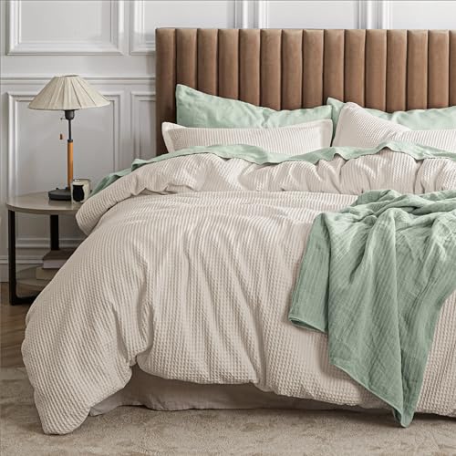 Image of Bedsure Waffle Comforter Set Queen, Beige Soft Bedding, Waffle Weave Bed Set, 3 Pieces, 1 Comforter (90 inchx90 inch) and 2 Pillow Shams, Cotton Shell and Polyester Lining for All Seasons