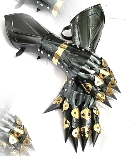 Medieval Gauntlet Gloves Pair – Black & Gold Knight Crusader Armor with Brass Accents | Wearable SCA LARP Costume for Adults (Standard Size)