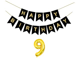 Flyloons 9th Black Colour Happy Birthday Banner Decoration Kit for 9 year Old Boys Girls Baby | with Number Nine | 13 Pcs Reusable Cardstock Happy Birthday Paper Banner