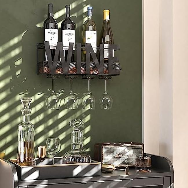 Wall Mounted Metal Wine Rack - Wine Rack Wall Mount Wine Bottle Holder 4 Long Stem Glass Holder & Wine Cork Storage Wine
