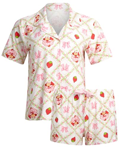 Image of COCO BRANDS Strawberry Shortcake Womens Pajama Set - 2 Piece Short Sleeve Button Down Sleep Shirt and Pajama Shorts