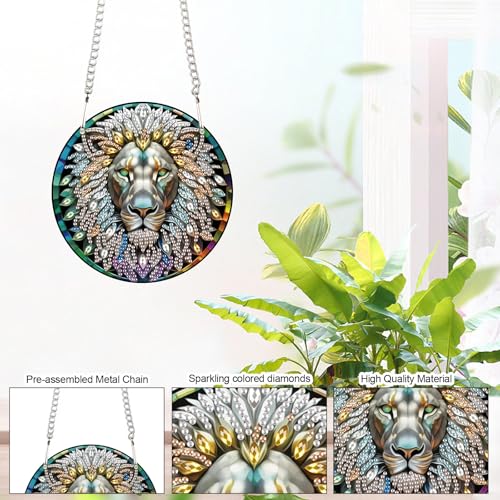 Image of Lion Diamond Painting Hanging Kit, DIY 5D Acrylic Pendant with Special Shaped Rhinestones, Lion Head Diamond Art Ornament for Wall, Door, or Garden Decoration, Handmade Craft Gift for Adults