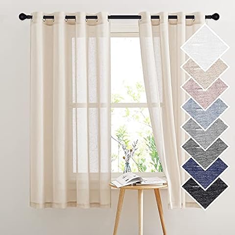 PONY DANCE Vorhang Kurz Landhausstil Gardinen für Küche Gardienen 2-Set Vorhänge Beige Halbtransparent Ösenvorhang Leinenoptik Gardinenschals Cover