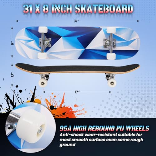 Image of Pro Complete Skateboards for Beginners Girls Boys Kids Youths Teens Adults 31 inchx8 inch Skate Boards 7 Layers Canadian Maple Double Kick Deck Concave Longboard