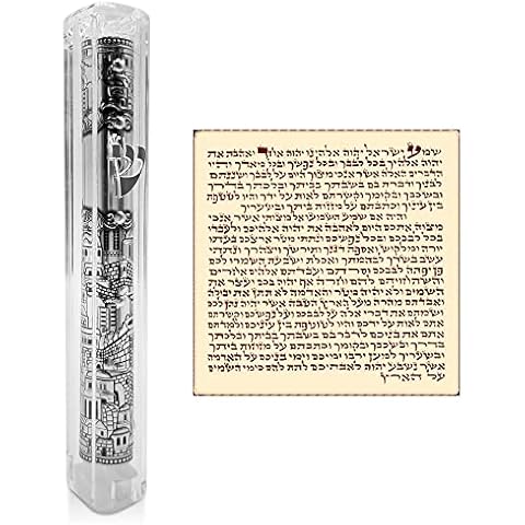 TALISMAN4U Jerusalem Clear Mezuzah Case with Scroll Silver Ornament Hebrew Shin Classic Israel Judaica Waterproof Door Mezuza 5 Inch Cover