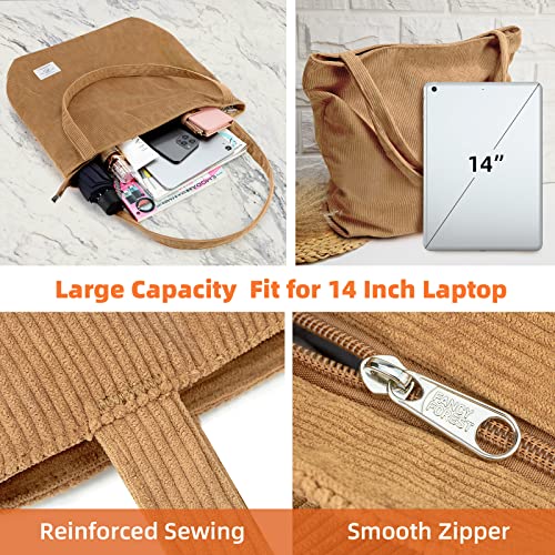 Image of KALIDI Women Corduroy Tote Bag Zipper Casual Tote's Handbag Big Capacity Shoulder Bag with Pockets