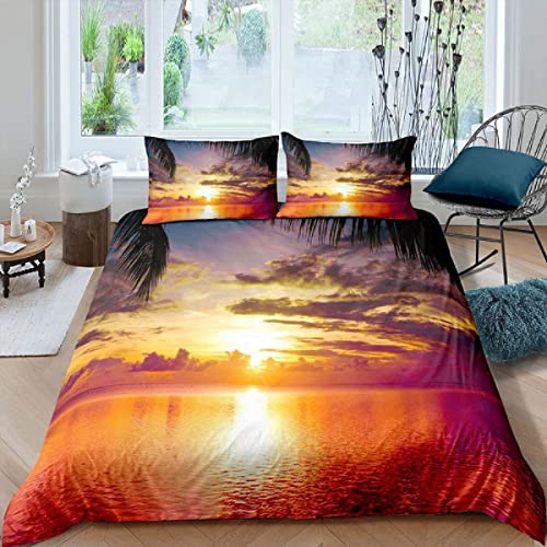 NUYSP Housse de Couette 240x260 Coucher De Soleil sur La Mer Parure de Lit 1 Personne en Microfibre Doux, Ensemble Literie avec Motif Imprimée(110GSM), 2 taie d'oreiller 65x65, avec Fermeture éclair