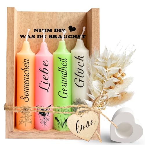Kerzenset mit Kerzenständer Geschenke für Frauen Geschenke für Mama Freundin Schwester Kollegin zum Geburtstag NIMM DIR WAS DU BRAUCHST Kerzen Kerzen Deko Geschenkidee mit Holzbox Trockenblumen