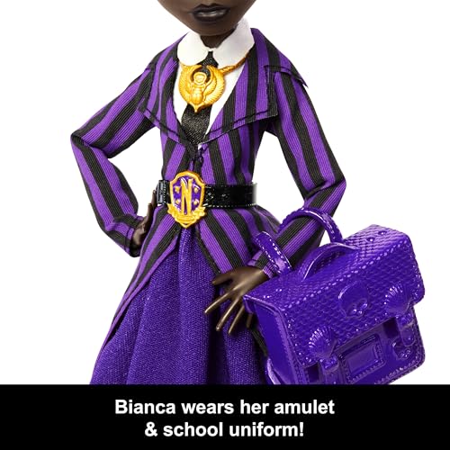Image of Monster High x Wednesday Doll and Accessories, Bianca Barclay Collectible in Nevermore Academy Uniform with Siren Amulet, Backpack and Doll Stand | Nevermore Academy Uniform, Siren Amulet, Backpack, Doll Stand