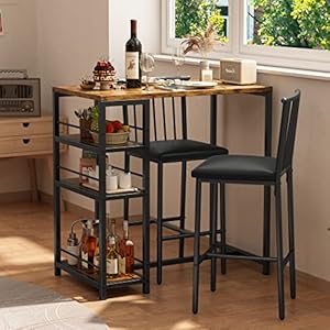 Gizoon Bar Table and Chairs Set for 2 with 3 Storage Shelves, Modern Pub Table Set with Pu Cushion Chairs & Thick Wood Top for Breakfast, 3-Piece Small Table for Kitchen – Retro