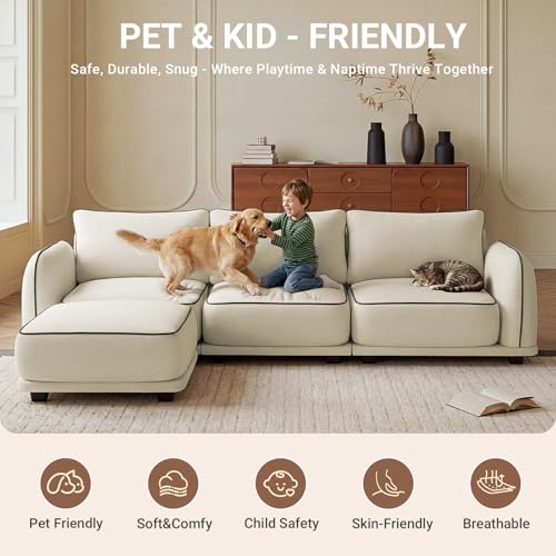 104 Inch L Shaped Modular Sectional Sofa, 4 Seater Modern Cloud Chenille Comfy Couch with Movable Ottoman & 3 Back Pillows, Oversized Comfy L Shape Couch for Living Room, Bedroom, Apartment, Beige - Image 4