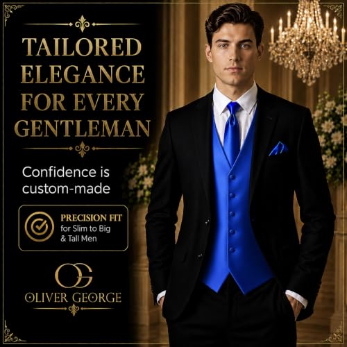 Image of Oliver George 4pc Men's Solid Formal Suit Waistcoat Tuxedo Dress Vest Necktie Bowtie Handkerchief Set for Suit or Tuxedo
