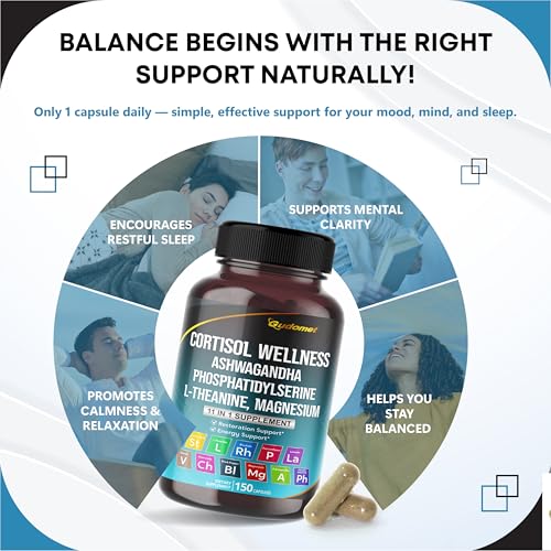 CORTISOL Wellness Magnesium Ashwagandha L-Theanine Phosphatidylserine Rhodiola Rosea Passionflower Lavender Chamomile -150 Capsules- Made in USA - Image 4