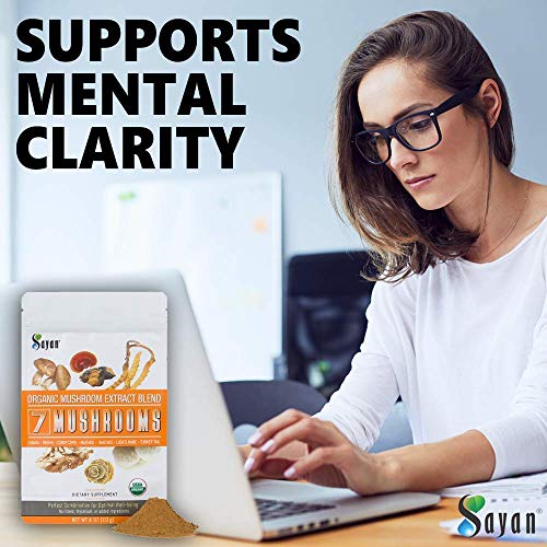 Sayan-7-Mushrooms-USDA-Organic-Extract-Powder-Blend-Supplement-4-oz-113g-Chaga-Reishi-Cordyceps-Maitake-Shiitake-Lions-Mane-and-Turkey-Tail-No-Fillers-Add-to-Coffee-or-Tea-Fruiting-Body