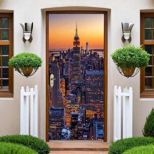 Brun Sticker Porte 3D gratte-ciel de New York 73x204 cm Autocollant Mural Photo Trompe-l’Œil PVC...