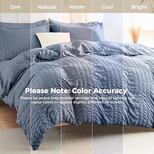Image of HYMOKEGE Nordic Blue King Size Comforter Set Seersucker 7 Pieces, All Season Luxury Bed in a Bag for Bedroom, Bedding Set with Comforter, Sheets, Pillowcases & Shams
