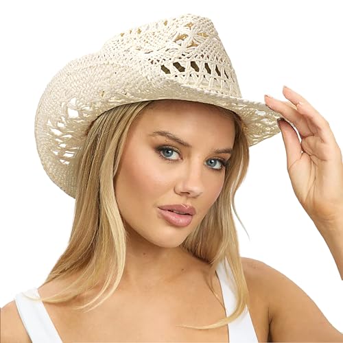Image of DRESHOW Straw Cowboy Cowgirl Hat for Women Men Western Coastal Cowboy Beach Hat with Shapeable Brim Unisex Rolled up Caps
