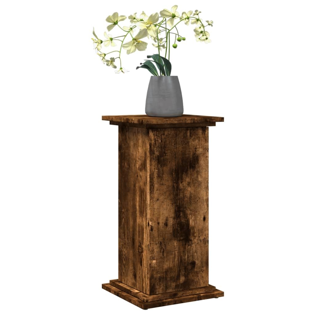 Stojak na kwiaty w kształcie kolumny z drewna dębowego wędzonego z trzema przegródkami, kwadratowa płyta górna i regulowane drzwiczki – 31 x 30 x 60 cm, łatwy w pielęgnacji i stabilny.