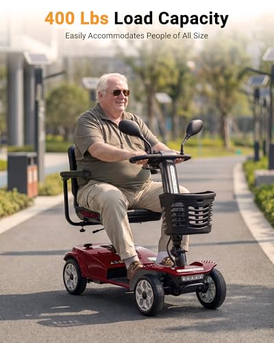 Image of 4 Wheel Mobility Scooter 400 LB Capacity, 550W Powerful Motor, Red | 360 Adjustable Seat | 27.6 inch Armrest Spacing | Equipped with Automatic Brake & Basket | Suit for Seniors, Adults, Handicap