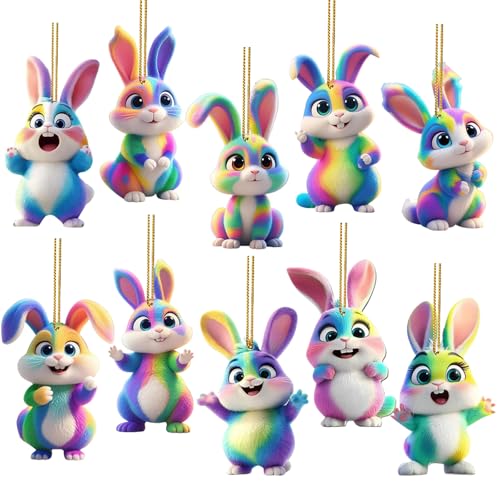 Acryl Osterhasen zum Aufhängen,2D Osterschmuck für Drinnen und Draußen,Osterdeko Hasen,Osteranhänger Frühlingsdeko,Kleines Ostergeschenk (10, Farbig)