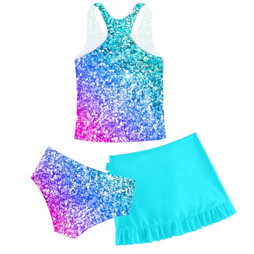 Image of Girls Swimsuits 3 Piece Tankini Bathing Suit Set Cute Bikini Swimwear with Cover Ups Beach Skirt 5-16 Years