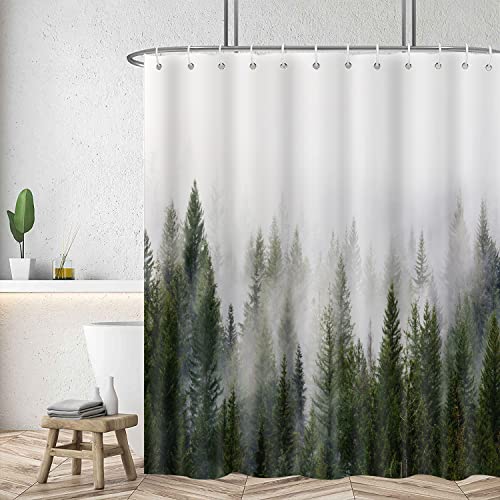 Arrebolart Misty Forest Shower Curtain Woodland Nature Landscape Foggy Pine Trees Shower Curtains 60x72 Inch Rustic Green Grey Bathroom Decor Washable Durable Polyester Fabric with Hooks