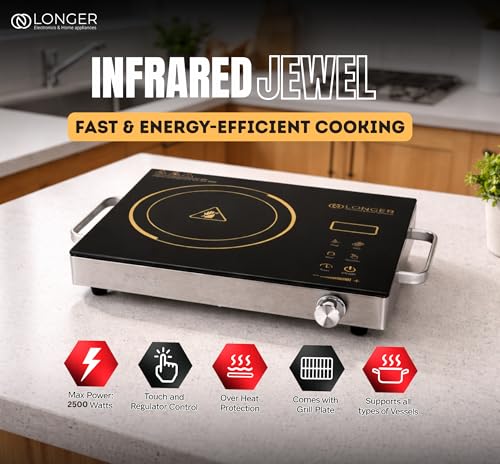 Image of LONGER 2500W Infrared Cooktop with Grill Rack - Dual Control (Touch + Knob), Crystal Glass Hot Plate, Digital Display, 240V Portable Electric Stove, Universal Cookware Compatible