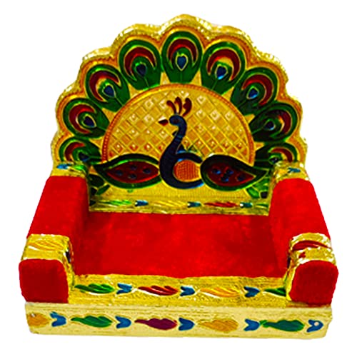 Image of DMS RETAIL Wooden Handcrafted Peacock Sinhasan for Mandir|Sihasan for Laddu Gopal|Shihasan for God (6X6 Inch)