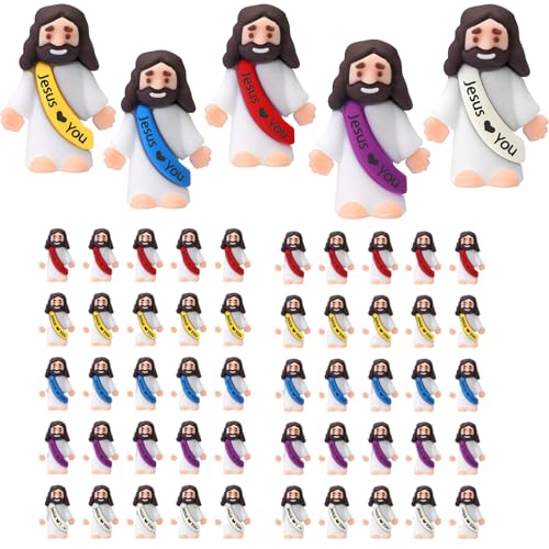 Probuk 50 peças mini figuras de Jesus, mini figuras de bolso de Jesus, 5 cores brinquedo da estátua de Jesus Cristão, estátua religiosa em miniatura para a Páscoa de ressurreição, Natal