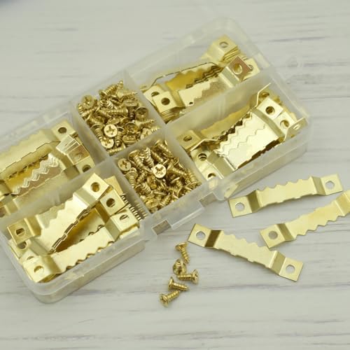 Image of 100 Pack Small Metal Sawtooth Picture Hangers with 200 Screws for Hanging Decor Wooden Photo Frames, Clock, Paintings Art Crafts Works and DIY Projects (Gold)