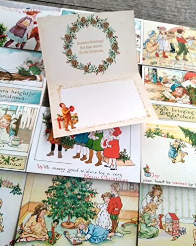 Image of PIXILUV CHRISTMAS TREES (Pack of 12) Notecards Small Greeting Cards # Happy Children and Christmas Trees ~ Vintage Christmas Postcards Reprint