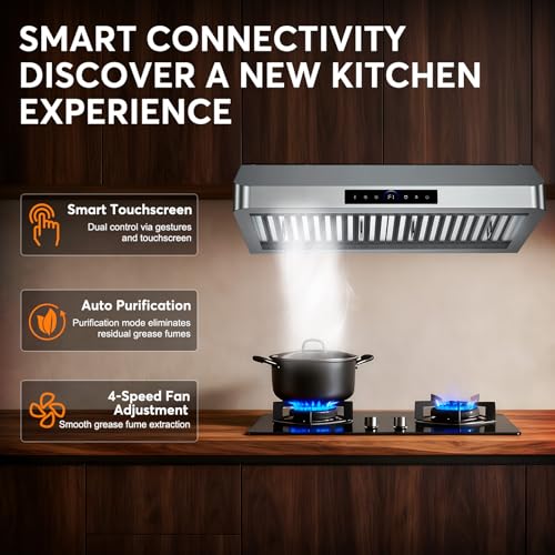 Image of 30 Inch Under Cabinet Range Hood 1200 CFM, 4-Speed Kitchen Hood with Touch Control & Gesture Sensing Stainless Steel Kitchen Stove Vent Hoods with 2 LED Lights Supreme Series