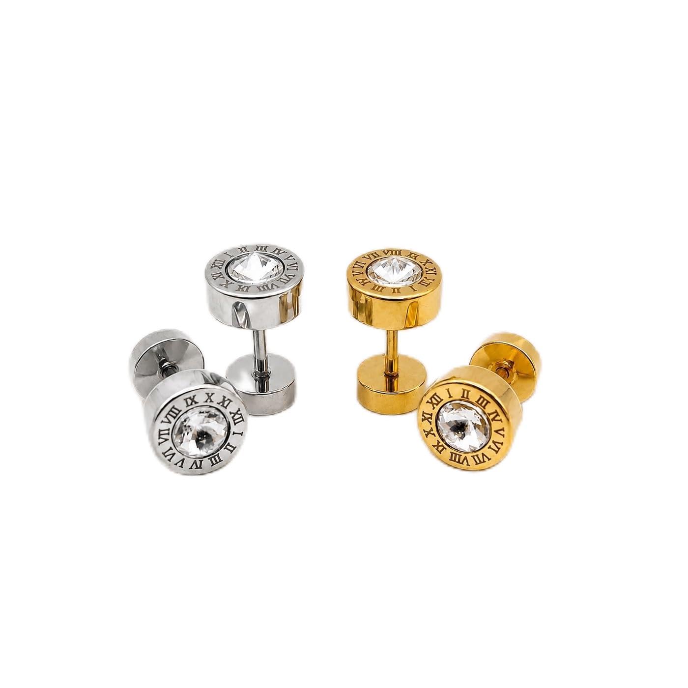 1 Pair Golden & Silver Roman Numeral Round Earring With Crystal Stone Earrings-picture-46