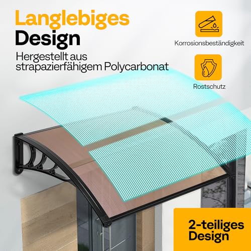 VIVOHOME Vordach für Haustür Fenster Markise 300×100cm Polycarbonat gespleißte Überdachung braun Pultbogenvordach mit schwarzer Halterung für Sonnenschutz und Regenschutz