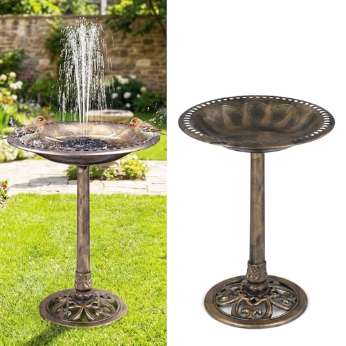 GYMAX Vogeltränke stehend 2-in-1 Vogelbecken mit Solar-Springbrunnen Vogelbad Garten mit Blumenkübel & befüllbarem Ständer Vogelfutterstelle Futterstation für Balkon & Garten