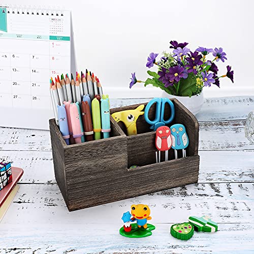 Btsky Desk Pen Pencil Holder Retro Wood Multi-Function Desk Stationery Organizer Storage Box Pen/Pencil, Business Name Cards Remote Control Holder Office Home Accessories Organizer Vintage Brown #TOP2